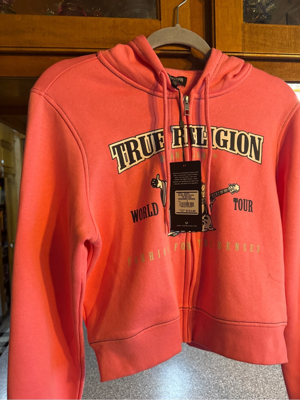 True Religion Coral-Pink Zip Hoodie with Graphic Logo - Picture 2 of 3
